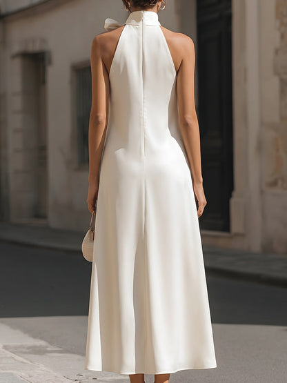Elegant Ivory Satin Halter Maxi Dress