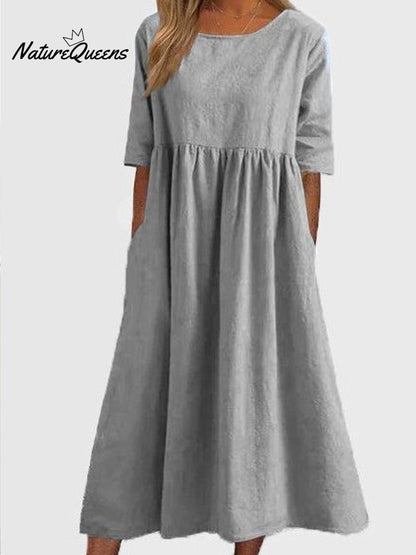 Cotton And Linen Casual Short Sleeve Pocket Pleated Loose Round Neck Dress