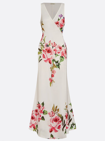 Pink Cross Floral Wrap Dress V Neck Sleeveless Mermaid Gown Dress