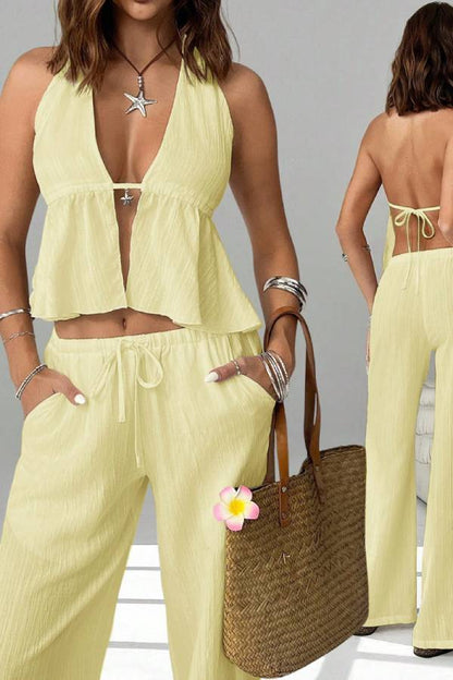 Multi-Color Halter Deep V Backless Tie Pleated Top & Wide Leg Pants Set