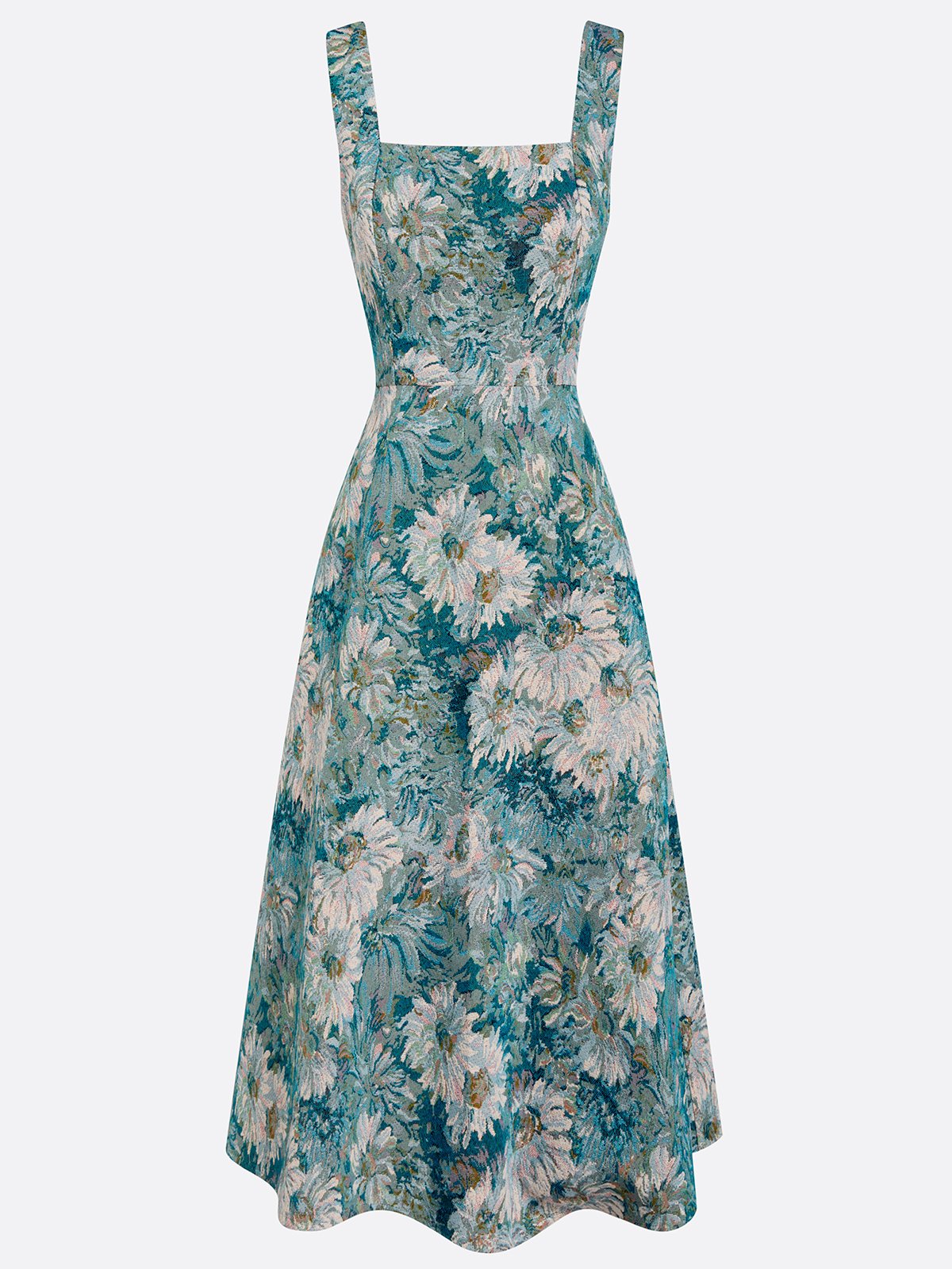 Blue Jacquard Classic Square Neck Sleeveless A-Line Midi Dress