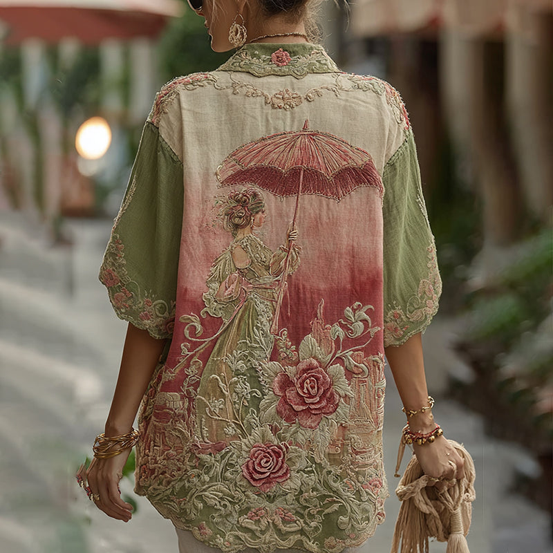 Love & Health Collection Classic Rose And Floral Art Linen Lapel Shirts