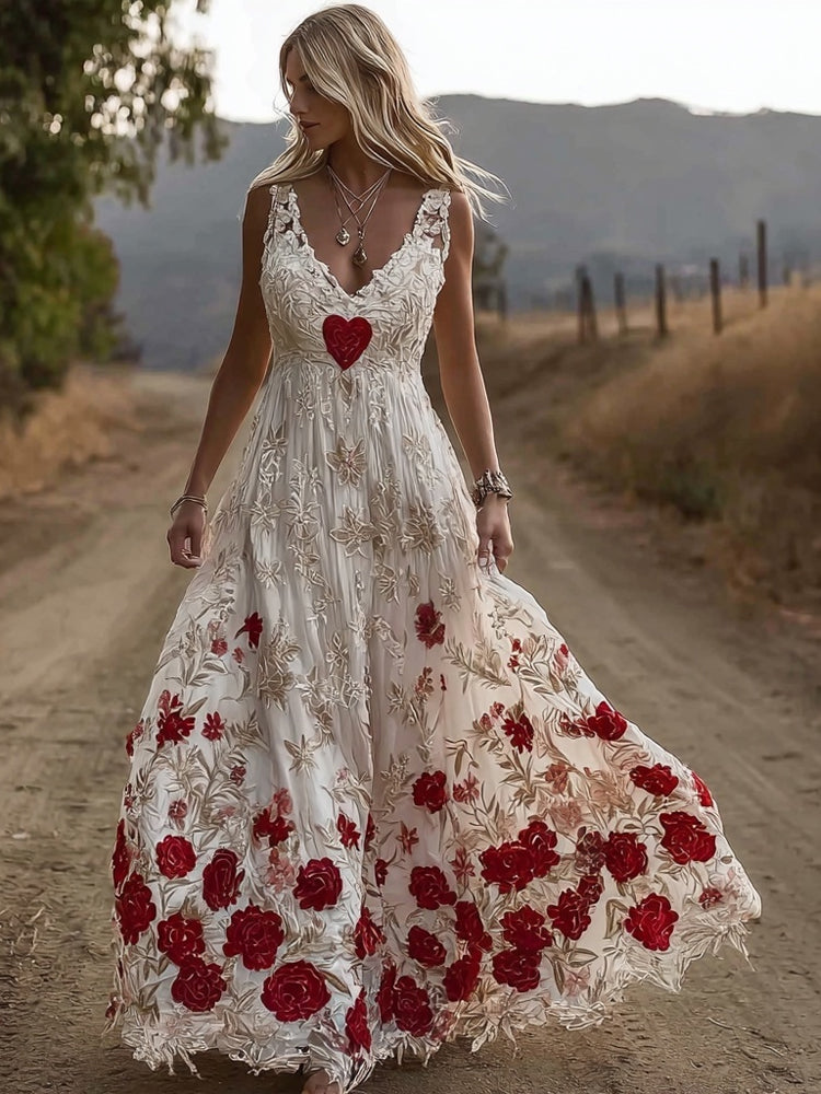 Valentine's Day Hearts & Flowers Embroidered Lace Linen Maxi Dress