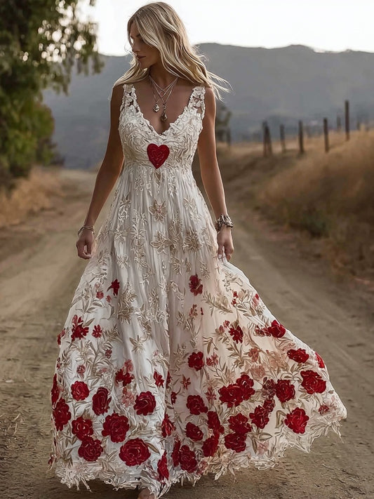Valentine's Day Hearts & Flowers Embroidered Lace Linen Maxi Dress