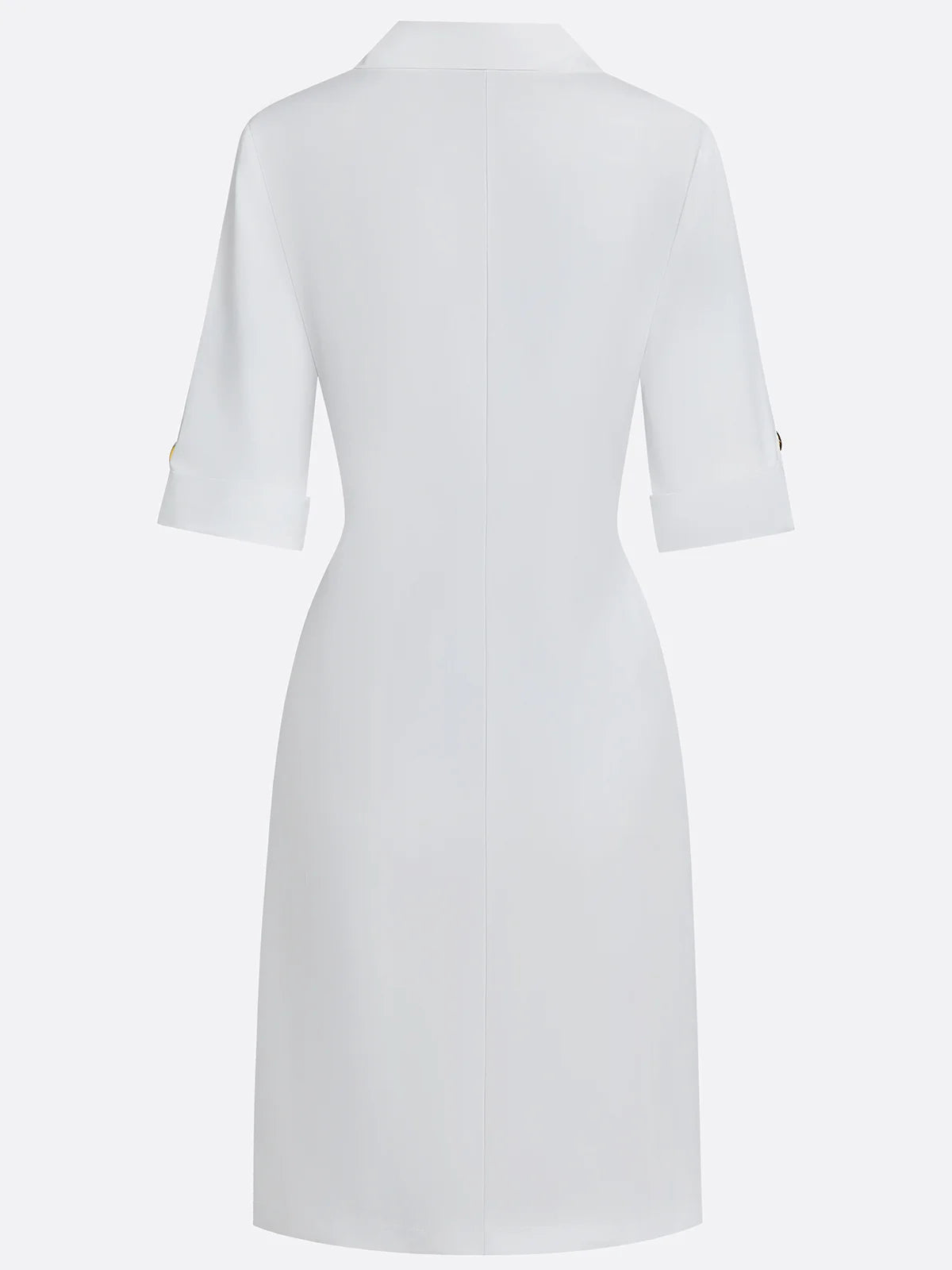 White Buckle Cotton Shirt Collar Short Sleeve Sheath Midi  Dress