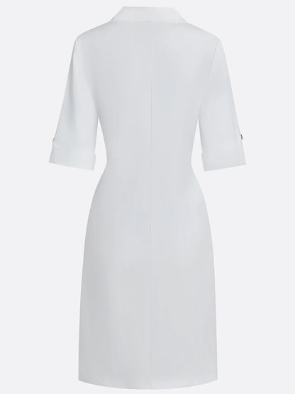 White Buckle Cotton Shirt Collar Short Sleeve Sheath Midi  Dress