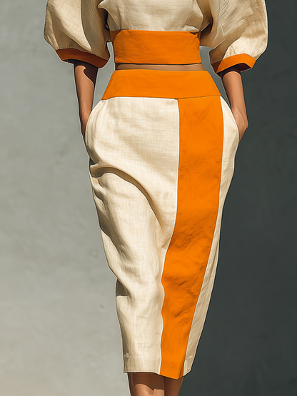 Women’s Beige & Orange Linen-Blend Two-Piece Set: Puff Sleeve Crop Top & Color Block Midi Skirt With Pockets MDZ2198D7T