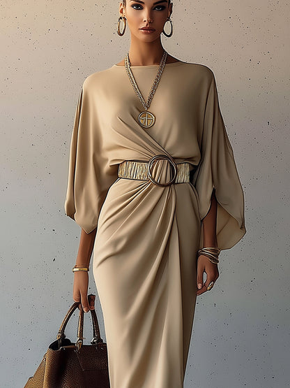 Sand Drape Belted Batwing Midi Dress