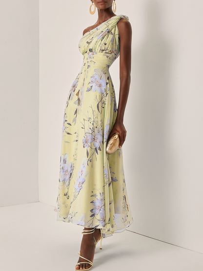 Light Blue Floral Ruched Chiffon One Shoulder Sleeveless A-Line Maxi Dress
