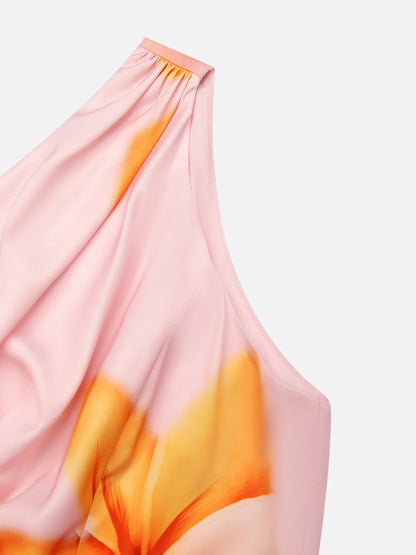 Pink Floral One-Shoulder Slit A-Line Gown