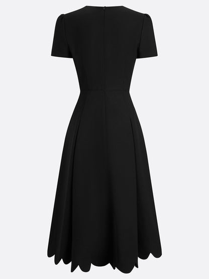 Black Asymmetric Classic Scalloped Square Neck Short Sleeve A-Line Midi Dress
