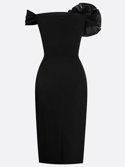 Black 3D Floral Beaded Classic Off The Shoulder Short Sleeve Sheath Midi Dress