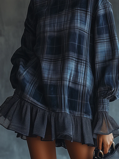 Blue Plaid Turtleneck Mesh Ruffle Mini Dress