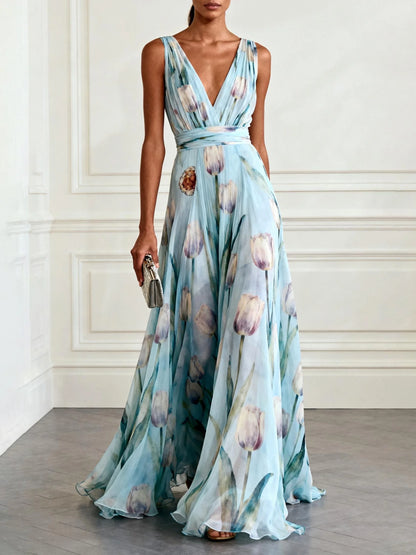 Light Blue Floral Chiffon V Neck Sleeveless A-Line Floor-length Gown Dress