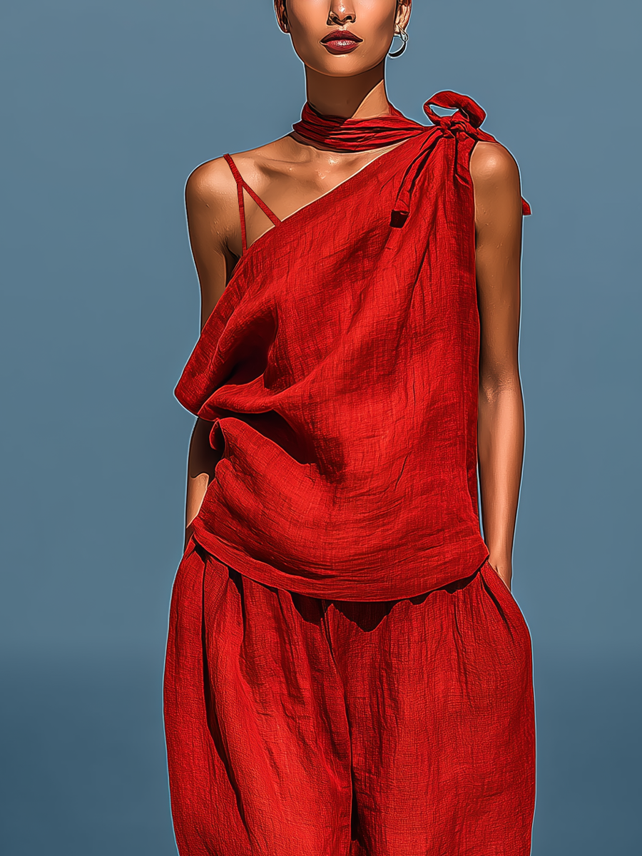 Women’s Red Linen-Blend Two-Piece Set: Asymmetrical One-Shoulder Top (Without Neck Scarf) & Wide-Leg Pants With Pockets MDZ2201D4T