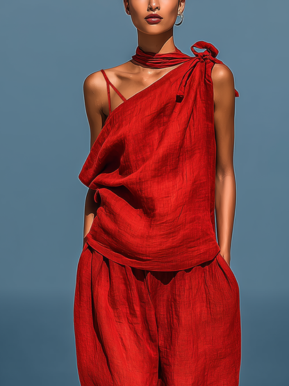 Women’s Red Linen-Blend Two-Piece Set: Asymmetrical One-Shoulder Top (Without Neck Scarf) & Wide-Leg Pants With Pockets MDZ2201D4T