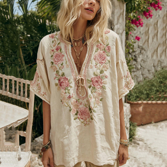 Women's Vintage Rose Floral Art V Neck Linen Comfy T-shirt
