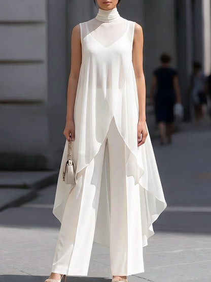 Layered Sheer Overlay High Neck Sleeveless Top And Wide-Leg Pants Set