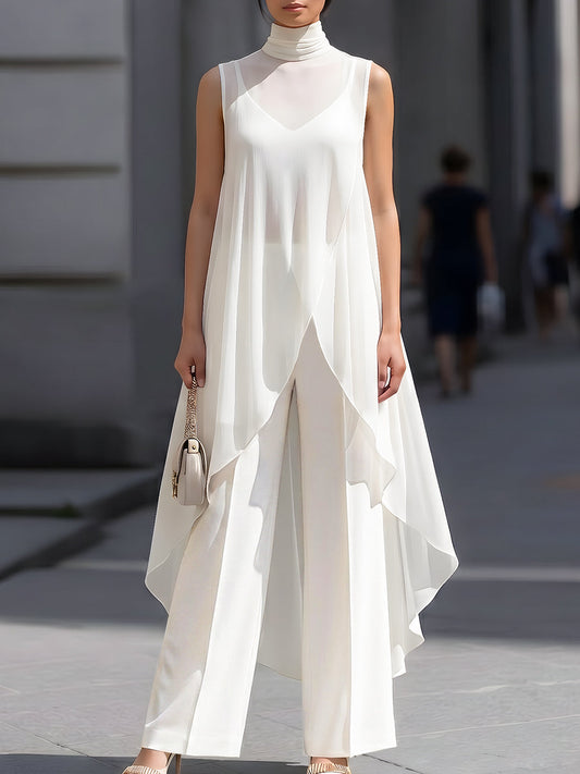 Layered Sheer Overlay High Neck Sleeveless Top And Wide-Leg Pants Set