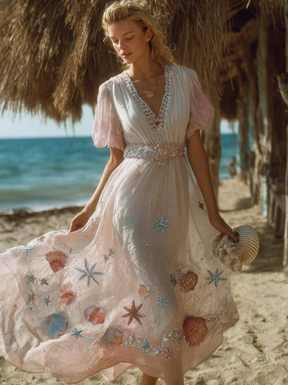 Vintage Bohemian Ocean Mermaid V-neck Dress