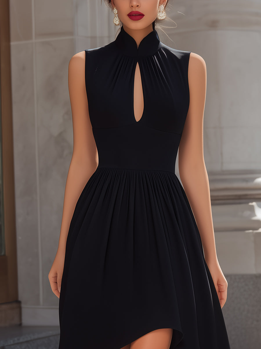 High Neck Keyhole Asymmetric Hem Fit-and-Flare Dress