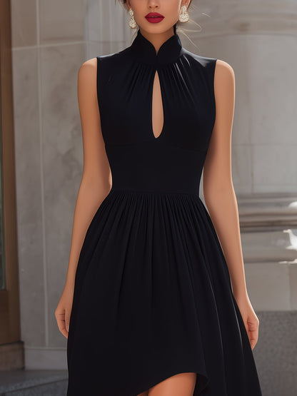 High Neck Keyhole Asymmetric Hem Fit-and-Flare Dress