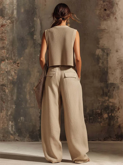 Casual Cargo Pockets Cotton-linen Wide-leg Pants