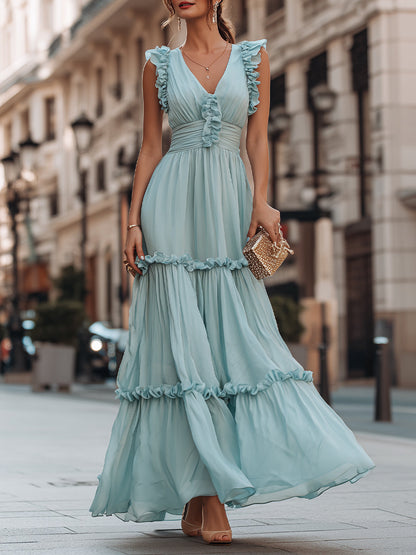 Ruffled V-Neck Sleeveless Tiered Maxi Dress With Flowing Silhouette