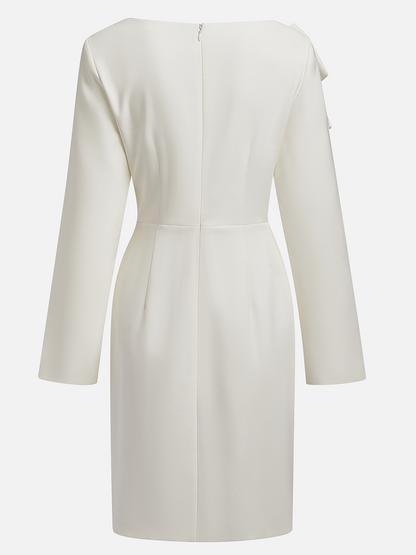 Cream White Bow Long Sleeve Sheath Midi Dress