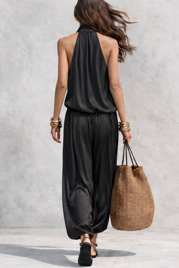 Black Halter Neck Sleeveless Top And Pleated Trousers Set