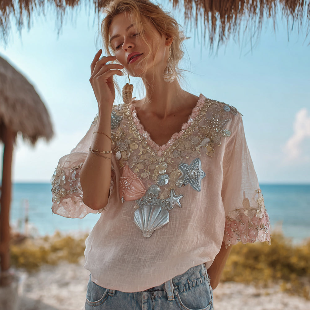 Women's Bohemian Dreamy Ocean V-neck Short Sleeve Top