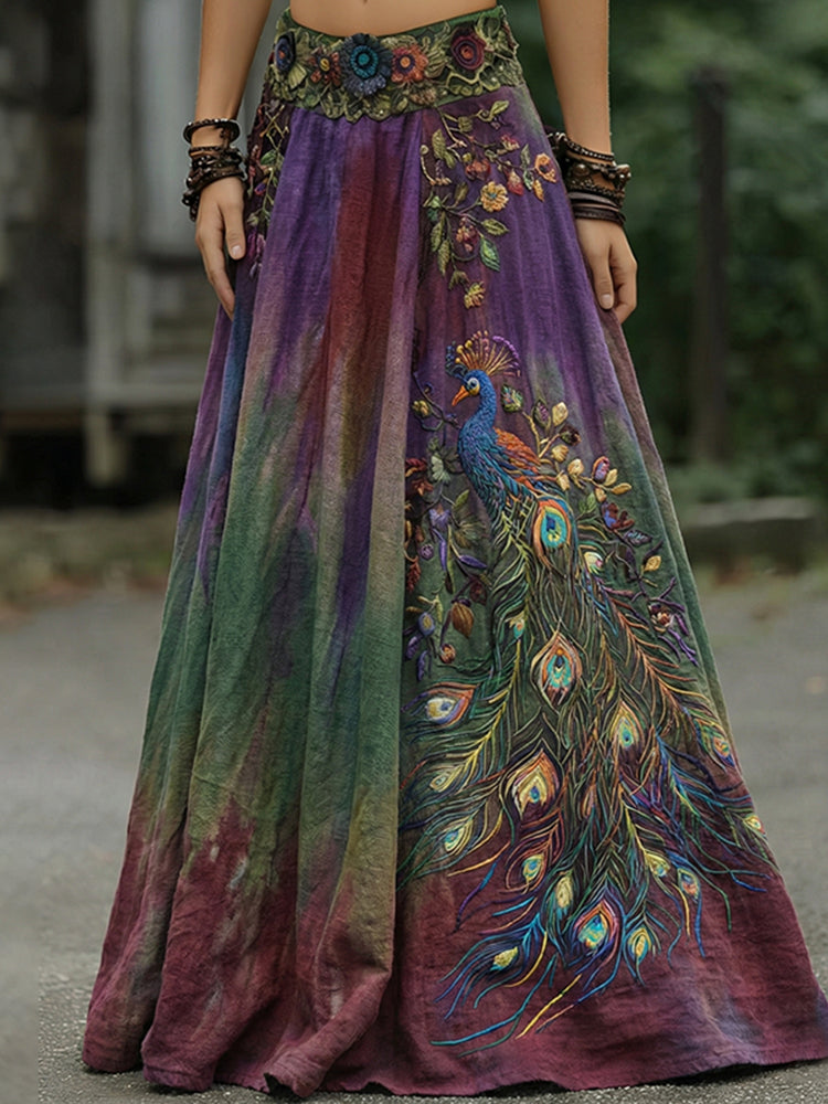 Vintage Classy Gradient Purple Peacock And Floral Embroidered Art Linen Blend Casual Skirt