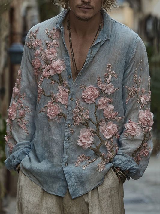 Men's Vintage Cherry Blossom Embroidered Flowy Linen Shirt