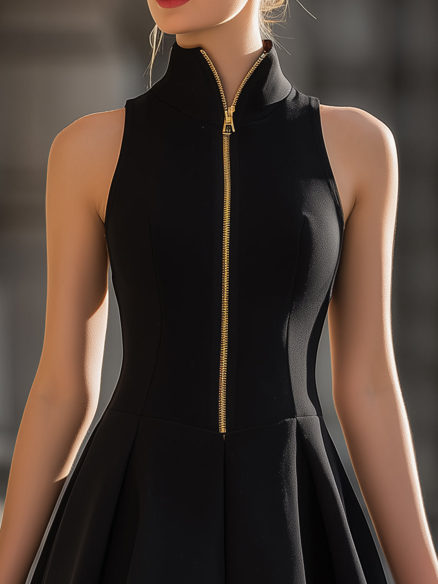 Stand-Up Collar Gold-Zip Sleeveless Fit-and-Flare Mini Dress