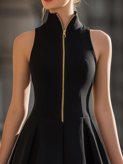 Stand-Up Collar Gold-Zip Sleeveless Fit-and-Flare Mini Dress