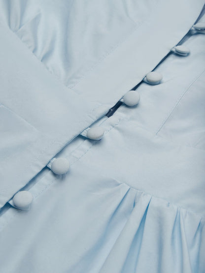 Light Blue Buckle Gathered Cotton V Neck Long Sleeve Balloon Sleeve A-Line Mini Dress