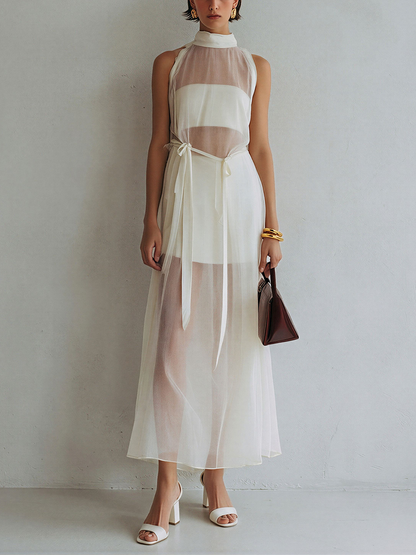 Women’s Ivory Sheer Mesh Halter Neck Maxi Dress With Inner Lining & Waist Tie MDZ2573D7T