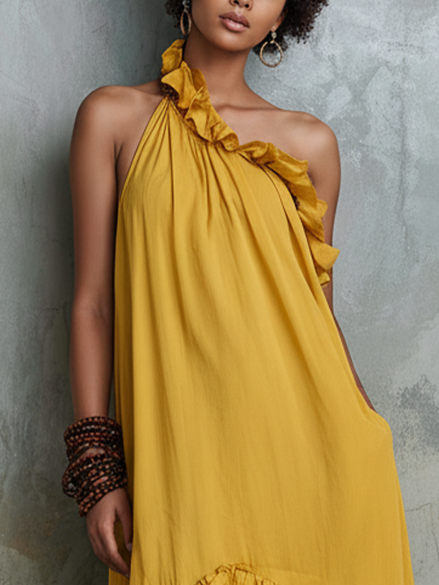 Women’s Resort Style Ginger Yellow Cotton Linen One-Shoulder Ruffled Irregular Long Dress MDZ2291D1GMJ