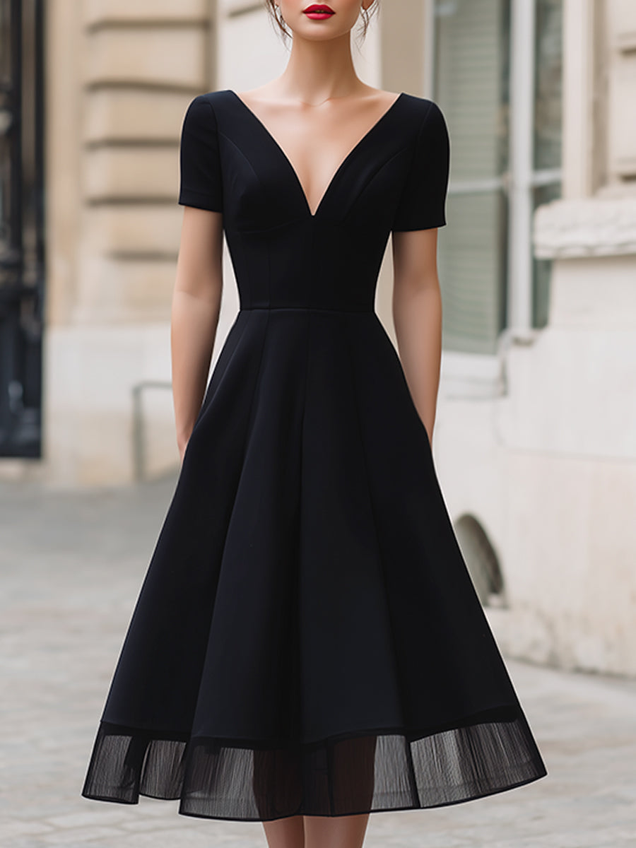 Deep V-Neck Short Sleeve Sheer Hem A-Line Midi Dress