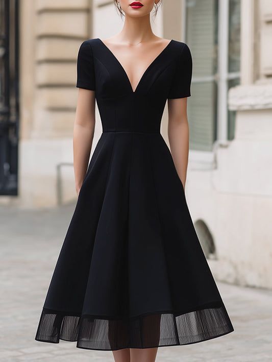 Deep V-Neck Short Sleeve Sheer Hem A-Line Midi Dress