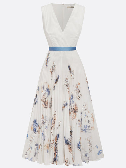 White Pleated Floral Chiffon V Neck Sleeveless A-Line Midi Dress