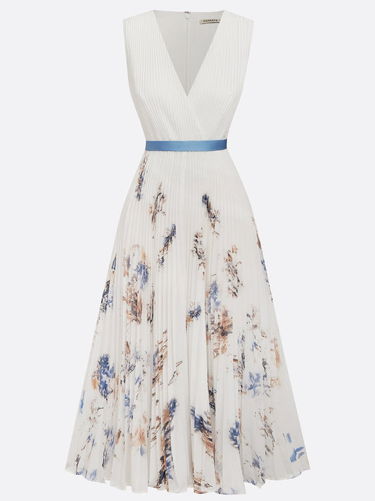 White Pleated Floral Chiffon V Neck Sleeveless A-Line Midi Dress