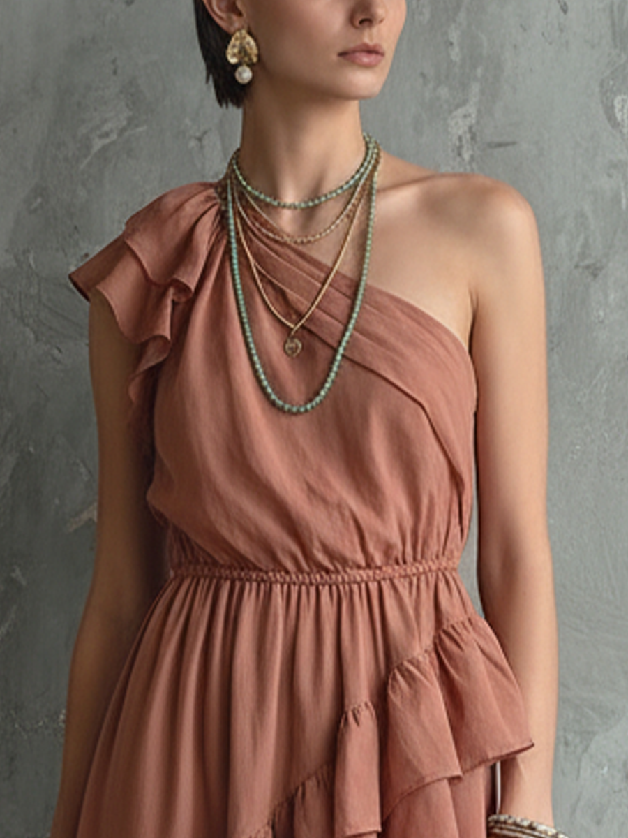 Women's Romantic Pink Cotton Blend One-Shoulder Ruffled Waist-Cinching Short Dress MDZ2272D5GMJ