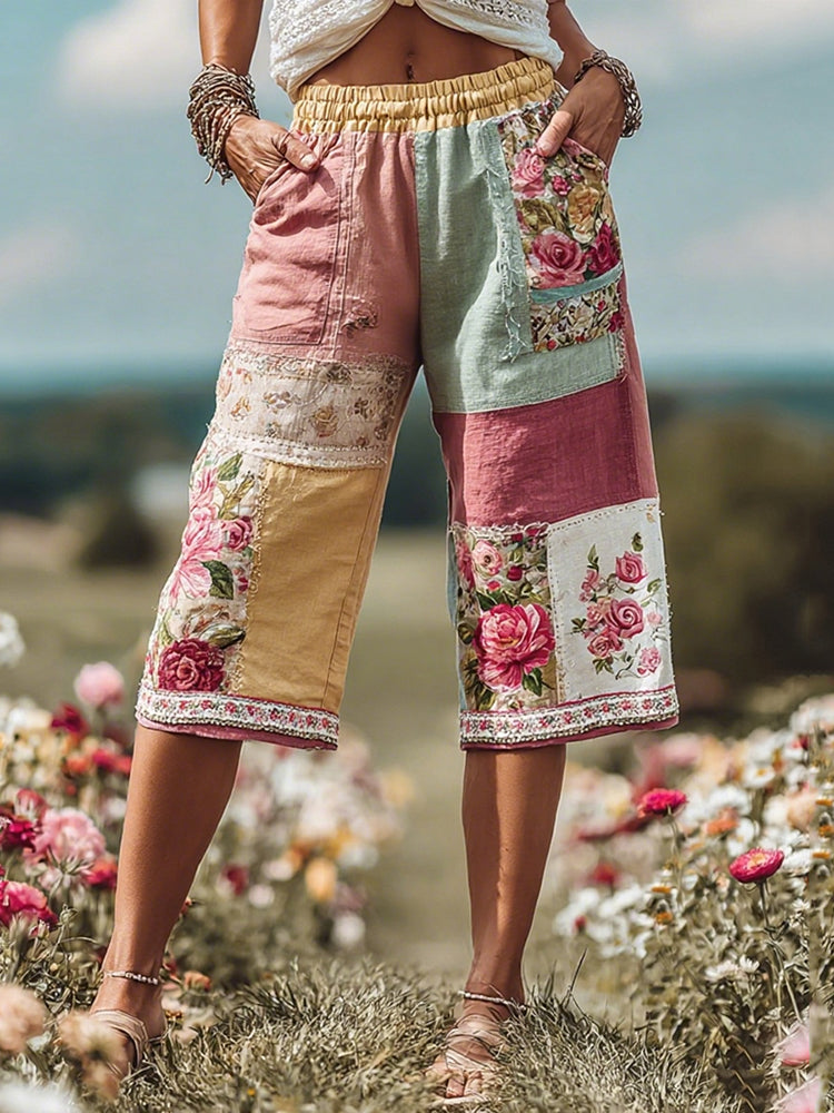 Women's Patchwork Rose Floral Contrast Waist Elastic Pocket Shorts c6d0