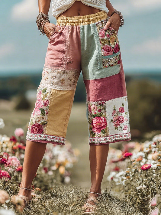 Women's Patchwork Rose Floral Contrast Waist Elastic Pocket Shorts c6d0