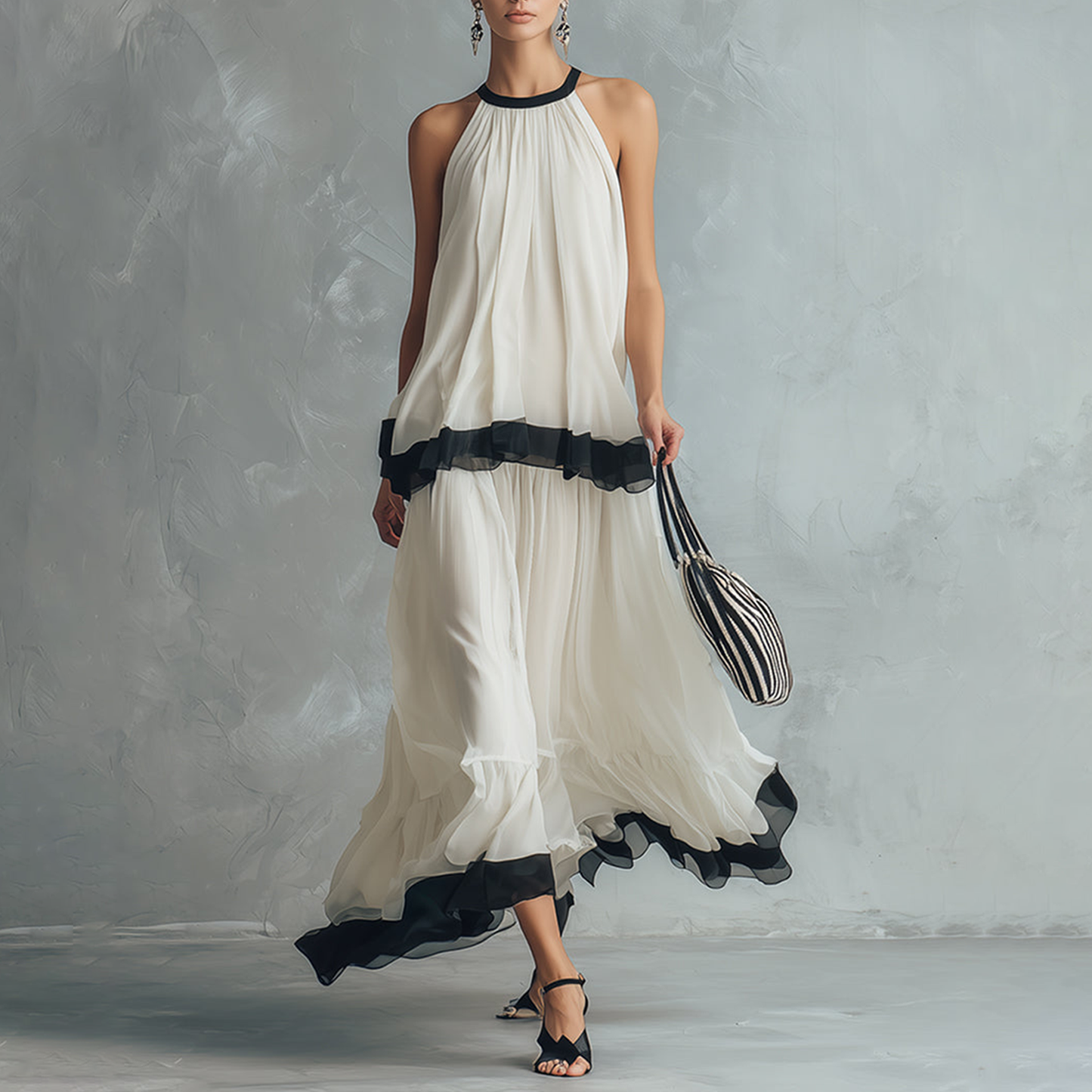 Elegant Minimalist Colour-blocked Ivory Chiffon Halter-neck Top And Maxi Skirt Ensemble