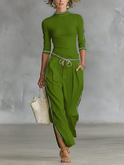 Women’s Cozy Stretch Knit Top And Linen And Cotton Trousers Two-piece Set