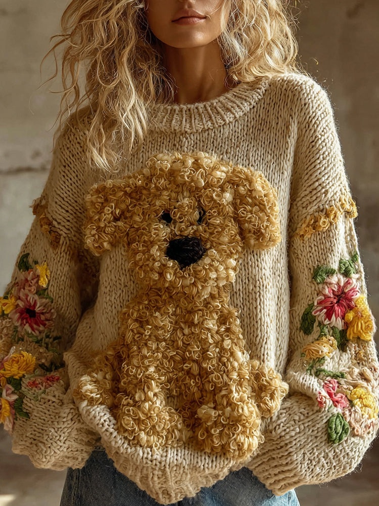 Vintage Toy Poodle With Floral Felt Art Inspired Embroidered Cozy Knit Sweater