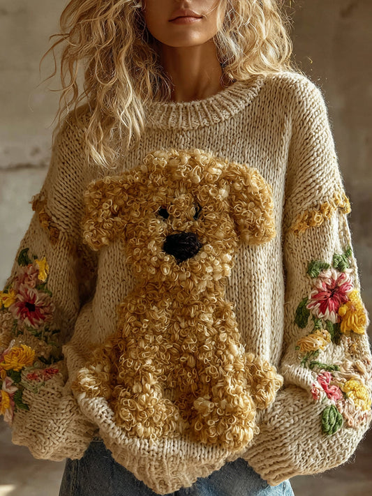 Vintage Toy Poodle With Floral Felt Art Inspired Embroidered Cozy Knit Sweater