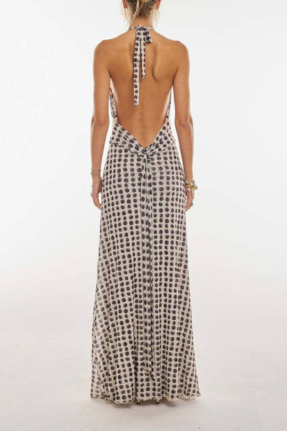 Halter-Neck Deep V Backless Printed Maxi Dress